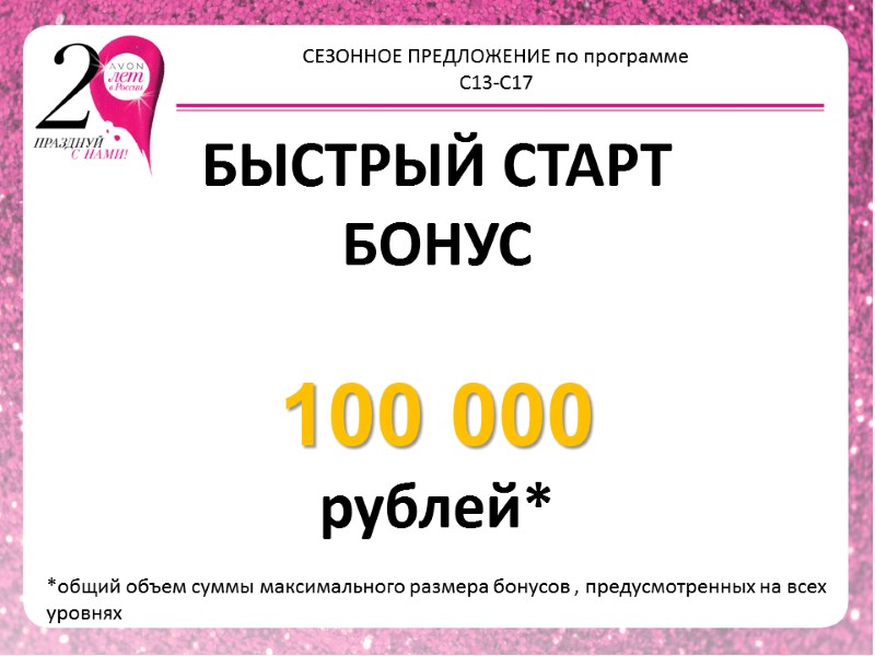 БЫСТРЫЙ СТАРТ БОНУС  100 000    рублей* *общий объем суммы максимального